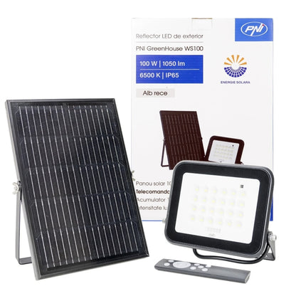 Proiector solar cu LED PNI, 100 W, 1050 lm, lumina rece, negru, IP65, exterior, 3 moduri, durabil si rezistent la intemperii, 300x205x65 mm, control 2, 4, 6, 8 ore, acumulator 10 Ah, aliaj aluminiu