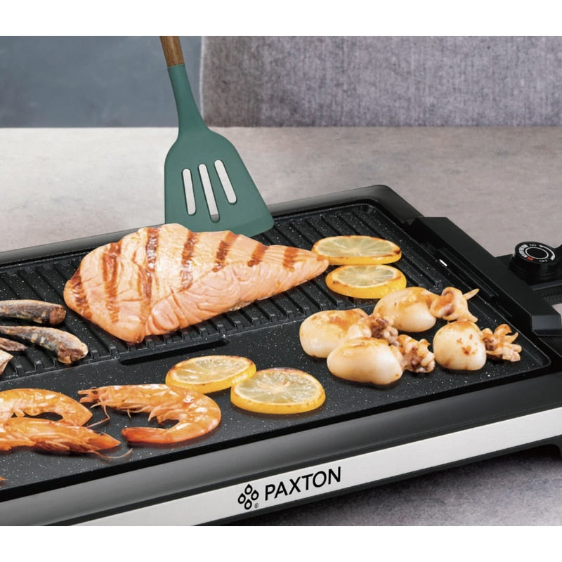 Gratar electric Paxton, 2200 W, plita anti-aderenta detasabila 51.5 x 25 cm, termostat reglabil in 5 trepte, suprafata de gatit neteda si cu striatii, negru, 2.7 kg, 230V, cablu 0.8 m, 80 - 200 grade