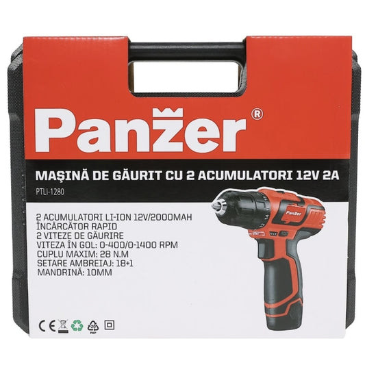 Masina de gaurit si insurubat, cu 2 acumulatori inclusi, 12 V, 2 Ah, Panzer, 1400 rpm, mandrina rapida, cu valiza, 2 trepte viteza, deschiderea mandarinei 10 mm, stanga sau dreapta