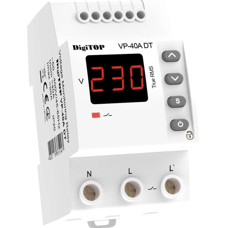 Releu protectie tensiune, DigiTOP, monofazat, 40 A, 1 secventa, 2P, 230 V, 90 x 52.5 x 68 mm, 2 poli, temperatura 0 - 50 grade, 120 - 270 V, montaj pe sina DIN, 35 mm, 50 A maxim
