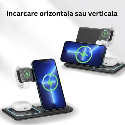 Statie de incarcare wireless 3-in-1, telefon, casti, smart watch, ceas inteligent, Fast Charge 15W, usor de transportat, neagra, brand NETERRA, protectie supraincalzire si supratensiune