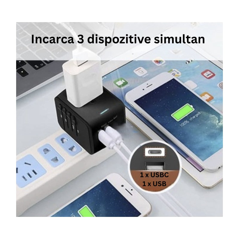 Incarcator de calatorie, universal, adaptor multifunctional cu 2 porturi, 1 priza, 1 USB, 1 USBC, international, SUA, UK, Europa, Australia, 150 tari, 100-250V, 2000W, negru