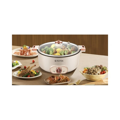Multicooker, oala electrica Paxton, 1600 W, 7 litri, 2 trepte de putere, incalzire circulara, gatire sub micro-presiune, digital, capac detasabil, bej