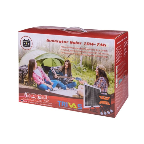 Sistem fotovoltaic 12V, 7Ah, 10W, 4 becuri LED de 3W, SD, UBS, functie Bluetooth, radio FM si AM, 4 porturi de USB