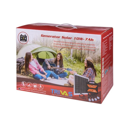 Sistem fotovoltaic 12V, 7Ah, 10W, 4 becuri LED de 3W, SD, UBS, functie Bluetooth, radio FM si AM, 4 porturi de USB