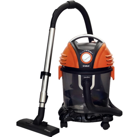 Aspirator Samus cu filtrare prin apa, fara sac, 15 litri, 1550 W, absorbtie puternica 234 W, filtru HEPA, aspirare umeda si uscata, functie suflare aer, furtun rotatie 360, negru cu portocaliu, 230V, 6.5 kg