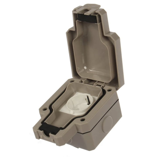 Priza simpla, aparent, cu capac, IP66, exterior, rezistent la ploaie, contact de protectie, material ignifugat, gri