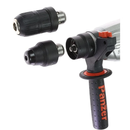 Ciocan rotopercutor Panzer, 1100 W, cu cablu, 1300 rpm, SDS-plus, cu valiza, mandrina rapida si ochelari de protectie, 3, 4 J, numar percutii 4900 bpm, functie daltuire, gaurire cu / fara percutie