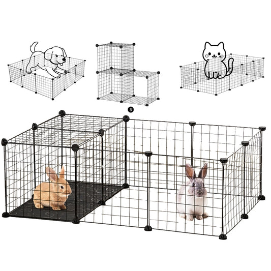 Tarc modular pentru animale mici si medii: iepuri, hamsteri, porcusori, pui, pisici, caini, 12 panouri 35 x 35 cm, constructie personalizata, interior, exterior, montaj rapid, metal, negru, NETERRA
