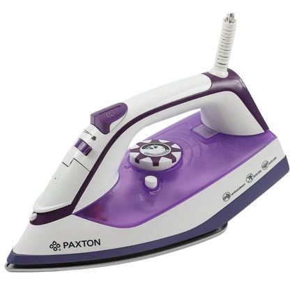 Fier de calcat Paxton, 2500 W, talpa ceramica, 0.3 l, 0.8 g/min, sistem auto-curatare, termostat reglabil, abur vertical, sistem anti-calcar, sistem anti-picurare, alb cu mov, cablu 1.9 m, 1.3 kg
