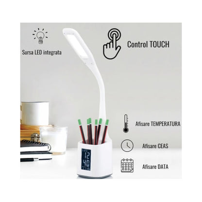 Veioza LED Hoff Box cu display, 4.5 W, 450 lm, lumina neutra, dimabil, afisare temperatura, ceas, data, alarma, alb, modern