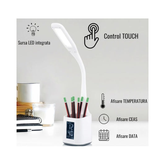 Veioza LED Hoff Box cu display, 4.5 W, 450 lm, lumina neutra, dimabil, afisare temperatura, ceas, data, alarma, alb, modern
