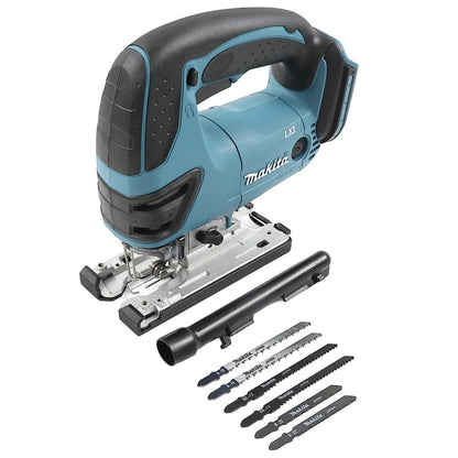Fierastrau electric vertical, pendular, pe acumulator, acumulator Neinclus 18 V, Makita, cu 6 panze, 2.7 kg, profesional, 2600 curse/min, in otel, lemn, aluminiu miscare de pendulare, taiere oblica