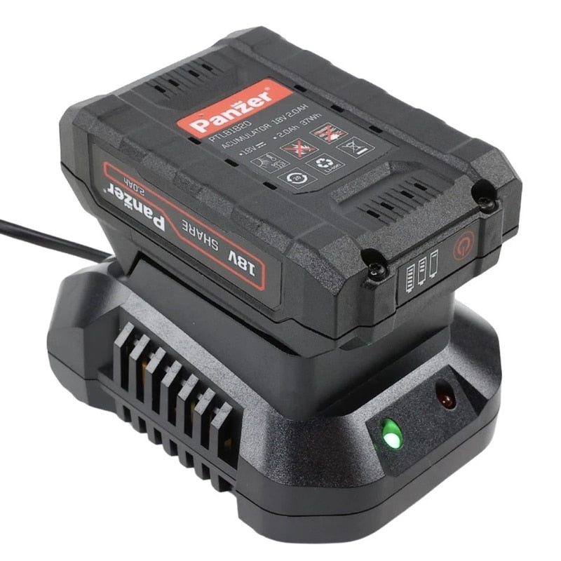 Masina de gaurit cu percutie, cu 1 acumulator 18 V, 2 Ah, Panzer, 1600 rpm, mandrina rapida, motor fara perii, cu valiza, 2 trepte de viteza, include 1 incarcator, 23 + 3 trepte ambreiaj