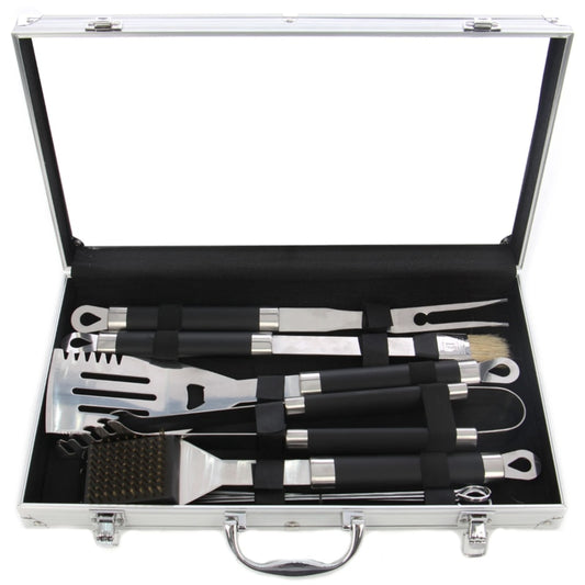 Accesorii pentru gratar Grunman Premium, din otel, maner plastic, 42 cm, set 9 buc, contine: 1 spatula 42 cm, 1 furculita 42 cm, 1 cleste 43 cm, 1 perie 39 cm, 4 tepuse 36 cm, cutie plastic usoara