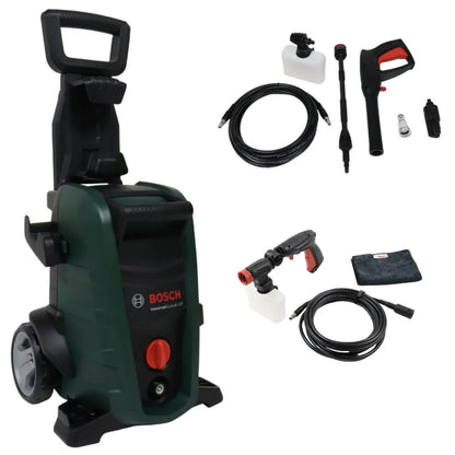 Aparat de spalat cu presiune, Bosch, 1500 W, 360 l/h, 125 bari, furtun 5 m + kit accesorii, duza 3 in 1 jet, indeparteaza murdaria persistenta pe terase, alei, masini, mobilier gradina, autoturisme