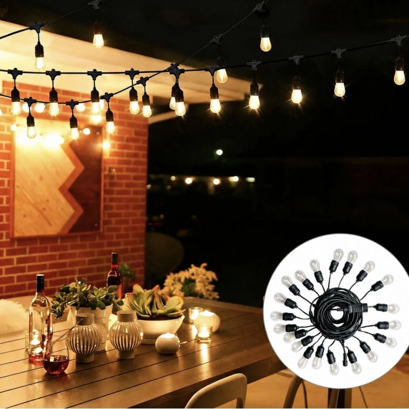 Ghirlanda luminoasa Hoff, interior, exterior, 20 x LED E27, lumina calda, 2700 K, 15 m, IP 65, durata viata 10000 h, 500 lm, 8 moduri de lumina, plug play, adaptor priza, 230 V, cauciuc + plastic