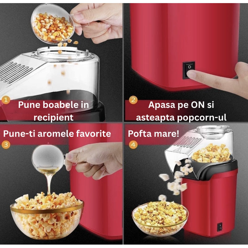 Aparat cu Aer Cald de facut Popcorn NETERRA, Gata in max. 3 min, prepararea rapida si sanatoasa, 1200W, Recipient dozator Boabe detasabil, cupa pus boabe, fara ulei, portabil, usor de depozitat, Rosu