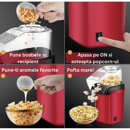 Aparat cu Aer Cald de facut Popcorn NETERRA, Gata in max. 3 min, prepararea rapida si sanatoasa, 1200W, Recipient dozator Boabe detasabil, cupa pus boabe, fara ulei, portabil, usor de depozitat, Rosu