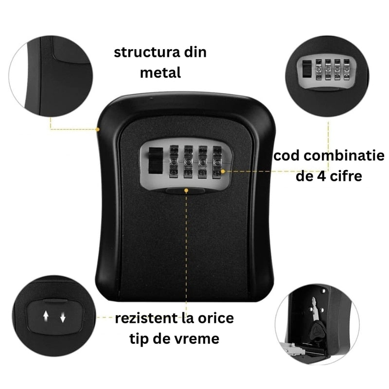 Cutie pentru Chei, NETERRA, montaj pe perete, Aliaj de Aluminiu, cu Cod Mecanic din 4 Cifre, spatiu generos, Impermeabila, IP 44, protectie exterior, 11, 5 × 9, 5 × 4 cm, Negru gri
