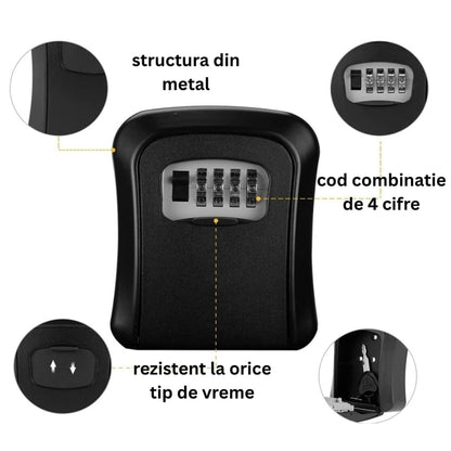 Cutie pentru Chei, NETERRA, montaj pe perete, Aliaj de Aluminiu, cu Cod Mecanic din 4 Cifre, spatiu generos, Impermeabila, IP 44, protectie exterior, 11, 5 × 9, 5 × 4 cm, Negru gri