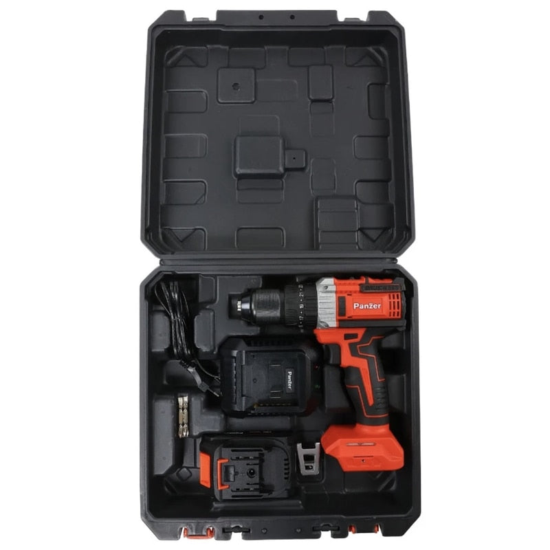 Masina de gaurit cu percutie, cu 1 acumulator 18 V, 2 Ah, Panzer, 1600 rpm, mandrina rapida, motor fara perii, cu valiza, 2 trepte de viteza, include 1 incarcator, 23 + 3 trepte ambreiaj