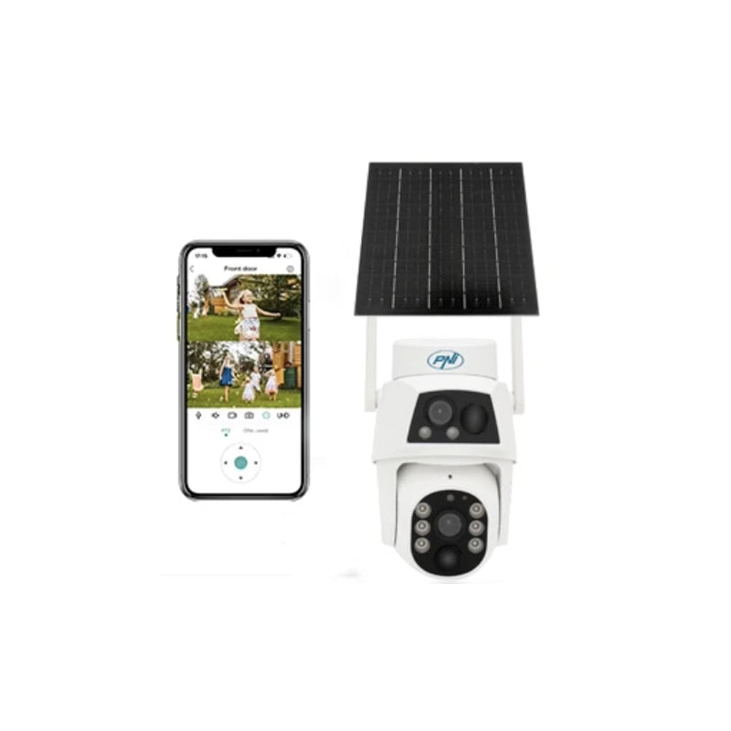 Camera de supraveghere smart, inteligenta PNI, 2MP si 2MP, Full HD, SIM 4G, IP66, panou solar 5.5 W, acumulator 8000 mAh, microfon, difuzor, Pan Tilt, alb, exterior