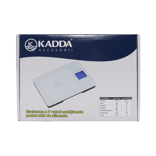 Cantar de bucatarie, Kadda, capacitate 5 kg, digital, ecran LCD, suprafata sticla securizata, functie Tara, memorare valori nutritionale, semnalizare supraincarcare, alb, grame lb, oz