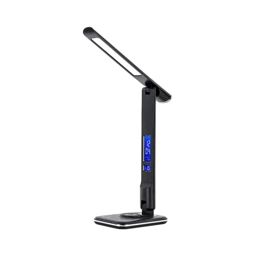 Veioza LED Hoff Noire, 5.5 W, 430 lm, lumina calda, neutra, rece, dimabil, incarcator wireless, afisare temperatura, ceas, data, alarma, negru, modern