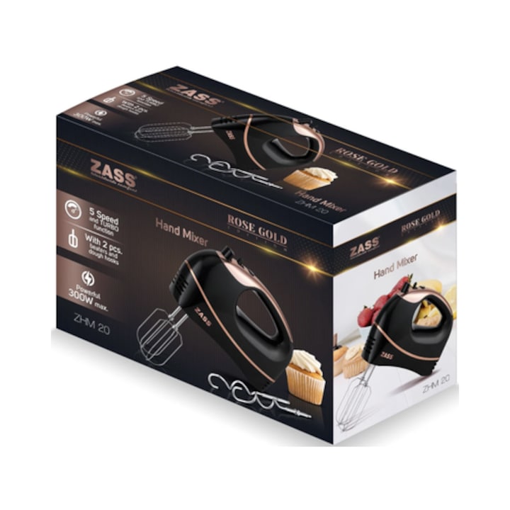 Mixer de mana Zass ZHM 20, 300 W, 5 trepte de viteza, functie turbo, negru cu auriu, carlige framantare si palete amestecare