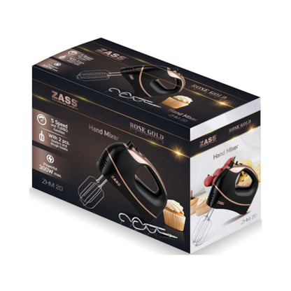 Mixer de mana Zass ZHM 20, 300 W, 5 trepte de viteza, functie turbo, negru cu auriu, carlige framantare si palete amestecare