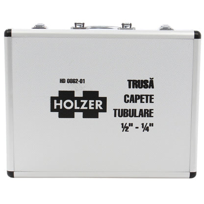 Trusa capete tubulare Holzer, 1/2 - 1/4 inch, 62 piese, include antrenor cu clichet reversibil, capete tubulare, capuri de surubelnita, prelungitoare, antrenor, intermediar cardanic