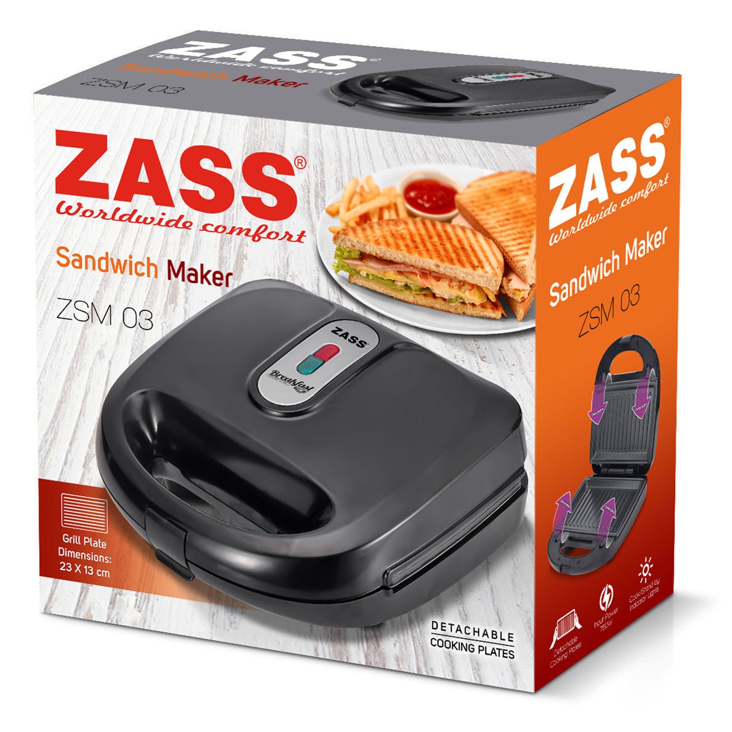 Sandwich-Maker Zass, putere 750W, placi grill teflonate detasabile, indicator LED, picioruse antialnuecare, culoare Negru