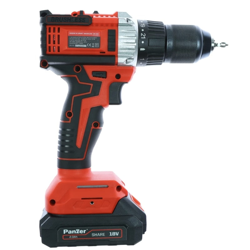 Masina de gaurit si insurubat, cu 1 acumulator, 18 V, 2 Ah, Panzer, 1600 rpm, mandrina rapida, motor fara perii, cu valiza, 13 mm mandarina, 1 incarcator, 1 valiza transport, usor de depozitat, carat