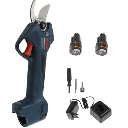 Foarfeca de gradina, pentru taiat crengi pomi fructiferi, vie, Bosch Professional, lama otel, motor fara perii, cu 2 acumulatori 3 Ah, incarcator, 25 mm grosime crengi maxima, 30.2 x 5.5 x 9.9 cm