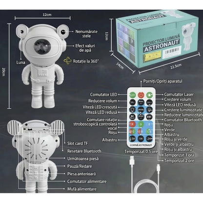 Proiectorul tip astronaut cu efect galaxie si stele, cadou pentru copii, Bluetooth, muzica, ideal pentru dormitor, atmosfera ambientala, reglabil 360, telecomanda, alimentare USB