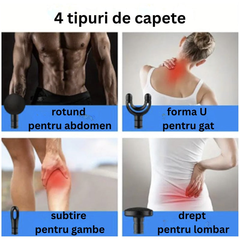 Pistolul electric de masaj muscular cu percutie este, modern, relaxare musculare, recuperarii efort fizic, 4 in 1 capete interschimbabile, masaj profund spate gat, umeri, brate si picioare, NETERRA