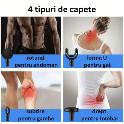Pistolul electric de masaj muscular cu percutie este, modern, relaxare musculare, recuperarii efort fizic, 4 in 1 capete interschimbabile, masaj profund spate gat, umeri, brate si picioare, NETERRA