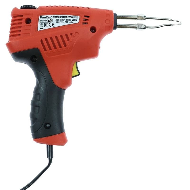 Pistol de lipit cu fludor sau cositor, Panzer, 200 W, cu valiza si accesorii, 500 grade celsius, 13 minute timp incalzire, 230V