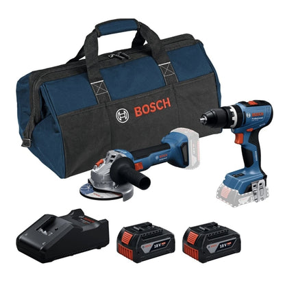 Set scule 2 in 1 cu acumulator, Bosch Profesional, masina de gaurit si insurubat cu percutie + polizor unghiular, taiere, gaurire, insurubare, slefuire, 2 acumulatori inclusi, 18 V, 4 Ah, cu geanta