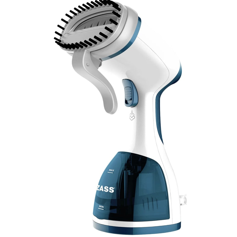 Fier de calcat vertical cu abur Zass, portabil, 1000 W, 0.26 l, 21 g/min, abur rapid 45 sec, include perie blana si statica, buton 2in1 jet aburi, abur continuu, alb si albastru, 230V, cablu 1.8m