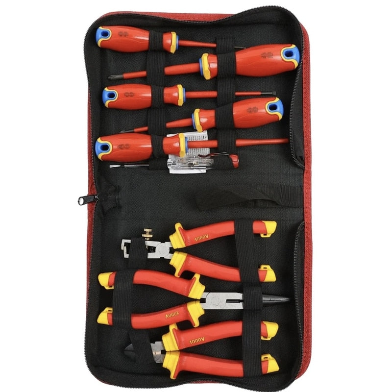 Set 9 scule izolate, Holzer, cu surubelnite Phillips și drepte, cleste dezizolat și cu taiere laterala, 1000 V, husa de transport