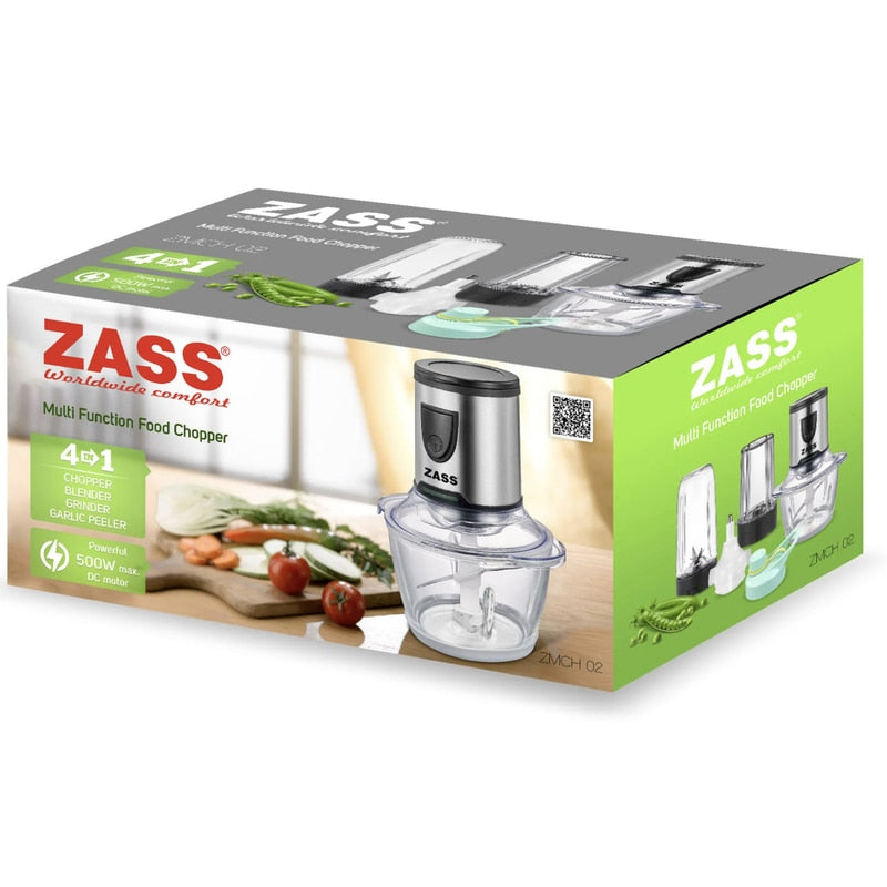 Tocator electric Zass, 200 W, 1 treapta de viteza, 1.2 l, bol din sticla, cutit 2 lame otel inoxidabil, sistem siguranta prin blocare, argintiu, recipient plastic 400 ml si capac, recipient macinat