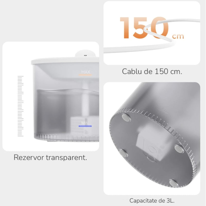 Castron apa pisici, caini, tip fantana, sursa de apa curata si proaspata, E-Boda, alb, 3 l, automat, recirculare inteligenta, usor de montat si curatat, 0.52 kg, 20.5 x 20.5 x 17 cm, cablu 1.5 m