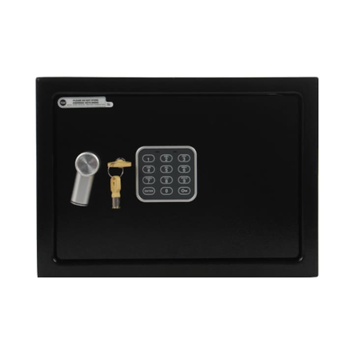 Seif Yale Mediu, cu alarma, inchidere electronica si cu cheie, otel, negru, 35 x 25 x 25 cm, alarma 130 dB, cifru 3-8 cifre, 16.3 litri, greutate 5.6 kg, alimentare baterii 4 x AA