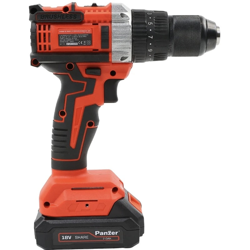Masina de gaurit cu percutie, cu 1 acumulator 18 V, 2 Ah, Panzer, 1600 rpm, mandrina rapida, motor fara perii, cu valiza, 2 trepte de viteza, include 1 incarcator, 23 + 3 trepte ambreiaj