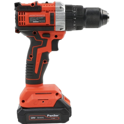 Masina de gaurit cu percutie, cu 1 acumulator 18 V, 2 Ah, Panzer, 1600 rpm, mandrina rapida, motor fara perii, cu valiza, 2 trepte de viteza, include 1 incarcator, 23 + 3 trepte ambreiaj