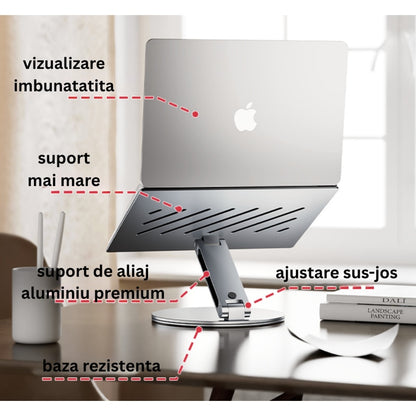 Suport laptop ergonomic NETERRA, reglabil pe înălțime, aluminiu, portabil, gri, compatibil până la 17.3 inch