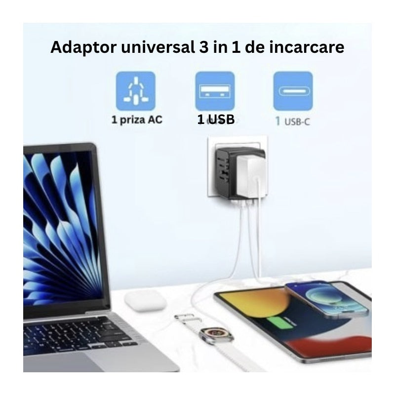 Incarcator de calatorie, universal, adaptor multifunctional cu 2 porturi, 1 priza, 1 USB, 1 USBC, international, SUA, UK, Europa, Australia, 150 tari, 100-250V, 2000W, negru