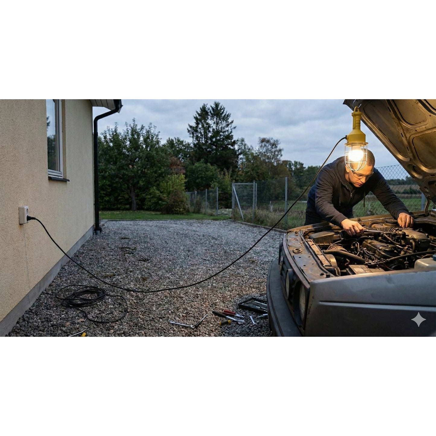 Lampa de lucru Hoff, portabila, dulie E27, cu intrerupator, carlig de agatare, 10 m cablu, alimentare 230V